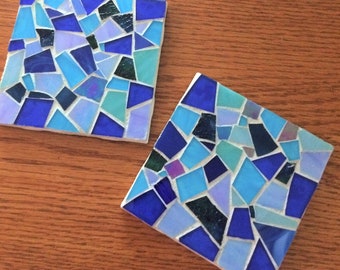 Blue Glass Mosaic Coasters: Beach Theme Home Decor