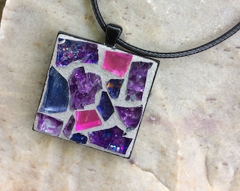 Handmade Glass Mosaic Pendant Necklace: Purple Pink Enamel Art
