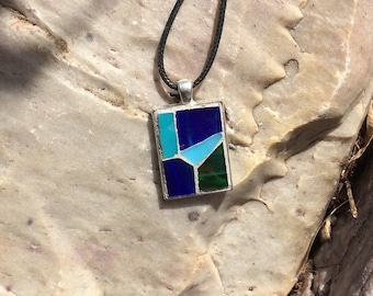 Stained Glass Mosaic Pendant: Blue Green Necklace, Silver Bezel