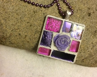 Mosaic Pendant Necklace: Purple Rose, Glitter Glass, Wearable Art