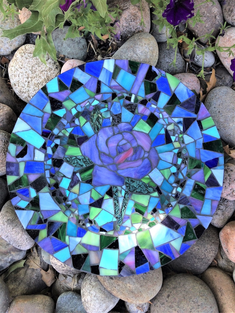 Mosaic Plate/purple Rose Mosaic/glass Plate/blue Mosaic/flower Etsy