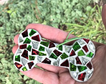 Mosaic Dog Bone Ornament: Red, Green & Silver Glass, Dog Lover Gift