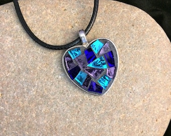 Mosaic Heart Pendant: Handmade Violet Turquoise Glass Jewelry