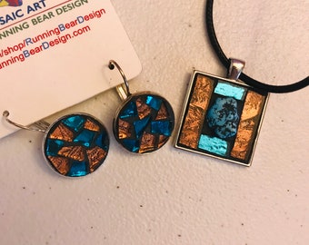 Mosaic Pendant/Mosaic Jewelry Set/Mosaic Earrings/Pendant Necklace/Square Pendant/Wearable Art