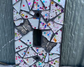 Confetti Enameled Glass Mosaic Light Switch Cover with Silver Butterflies: Colorful Home Decor