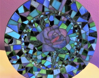 Handmade Mosaic Plate: Purple Rose, Blue & Green Stained Glass