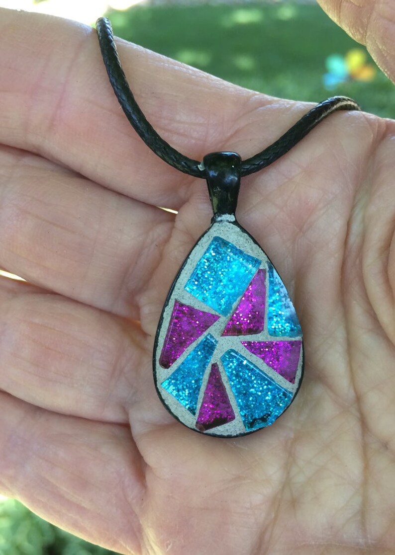 Mosaic Pendant/Mosaic Jewelry/Teardrop Shaped Pendant/Glitter Glass/Mother's Day Gift/Wearable Art/Gift for Her Under 30/Mosaic Gift image 4