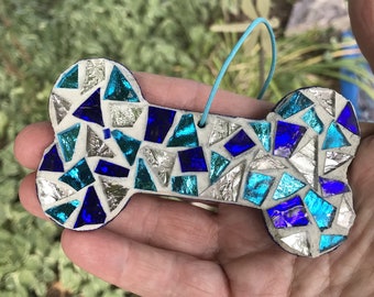 Mosaic Dog Bone Ornament: Blue, Turquoise, and Silver Glass