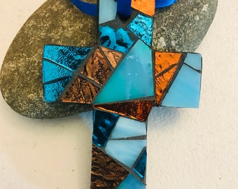 Turquoise Copper Mosaic Cross Ornament: Religious Gift