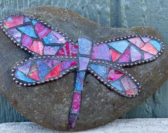 Colorful Mosaic Glass Dragonfly Rock, Garden Stone, Yard Art, Gardener Gift