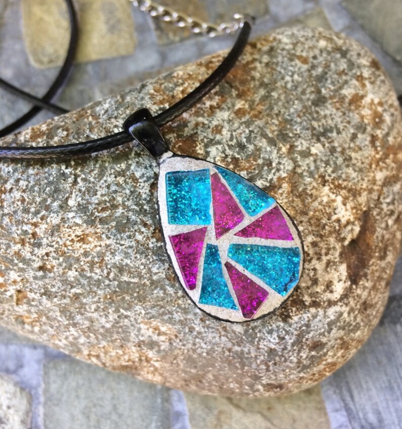 Mosaic Pendant/Mosaic Jewelry/Teardrop Shaped Pendant/Glitter Glass/Mother's Day Gift/Wearable Art/Gift for Her Under 30/Mosaic Gift image 2