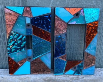 Turquoise and Copper Mosaic Light Switch Covers: Glass Wall Art