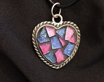 Mosaic Heart Pendant: Pink & Purple Stained Glass, Vintage Silver Bezel
