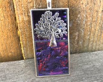 Purple Mosaic Tree of Life Pendant: Van Gogh Glass Art Necklace