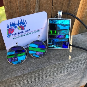 Blue Green Mosaic Necklace Pendant/Mosaic Earrings/Mosaic Jewelry Set/Mosaic Pendant/Mother&#39;s Day Gift/Wearable Art