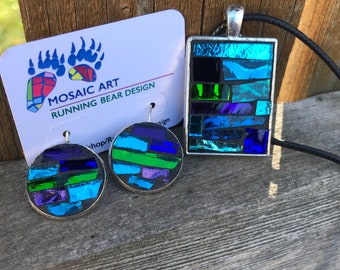 Blue Green Mosaic Glass Pendant Necklace: Silver Bezel, Hypoallergenic Earrings Option