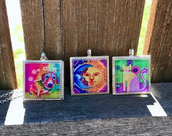 Mosaic Pendant Necklace: Sun, Moon, Cat, or Dog - Colorful Glass Tile