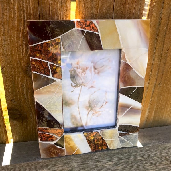 Mosaic Picture Frame/Brown, Beige Stained Glass Frame/Glass Photo Frame/7" x 5.75", opening measures 4.25" x 3"