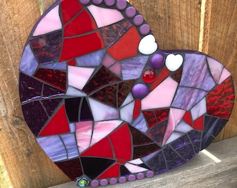 Stained Glass Mosaic Heart Wall Art: Red, Purple Decor