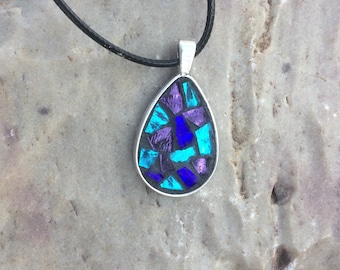 Mosaic Teardrop Pendant: Turquoise & Purple Stained Glass Jewelry