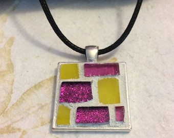 Mosaic Glass Pendant Necklace: Fuschia Glitter & Yellow Stained Glass