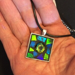Mosaic Pendant/Glass Mosaic Jewelry/Blue Green Pendant with Bead