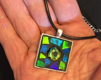 Blue Green Mosaic Glass Pendant: Silver Bezel, Black Cord
