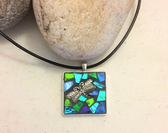 Mosaic Dragonfly Pendant: Blue Green Glass Jewelry, Wearable Art