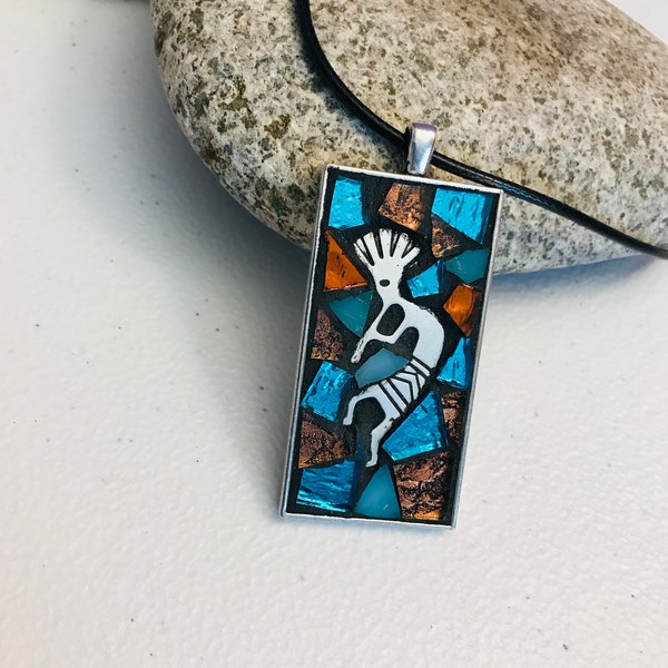 Kokopelli Pendant/Mosaic Pendant/Kokopelli Charm Pendant/Southwestern Flute Player/Glass Jewelry/Mother's Day Gift/Wearable Art