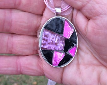Mosaic Pendant Necklace: Pink & Black Stained Glass, Silver Bezel
