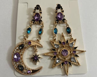 celestial sun moon a-symmetrical huge drop dangle earrings   2.5” teal purple Celtic