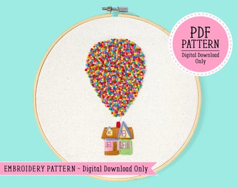 May include: A PDF pattern for an embroidery project featuring a house with a hot air balloon made of colorful beads. The pattern is for digital download only.  "PDF PATTERN" and "Digital Download Only" are written in white text on a pink circle.  "EMBROIDERY PATTERN - Digital Download Only" is written in black text at the bottom of the image.