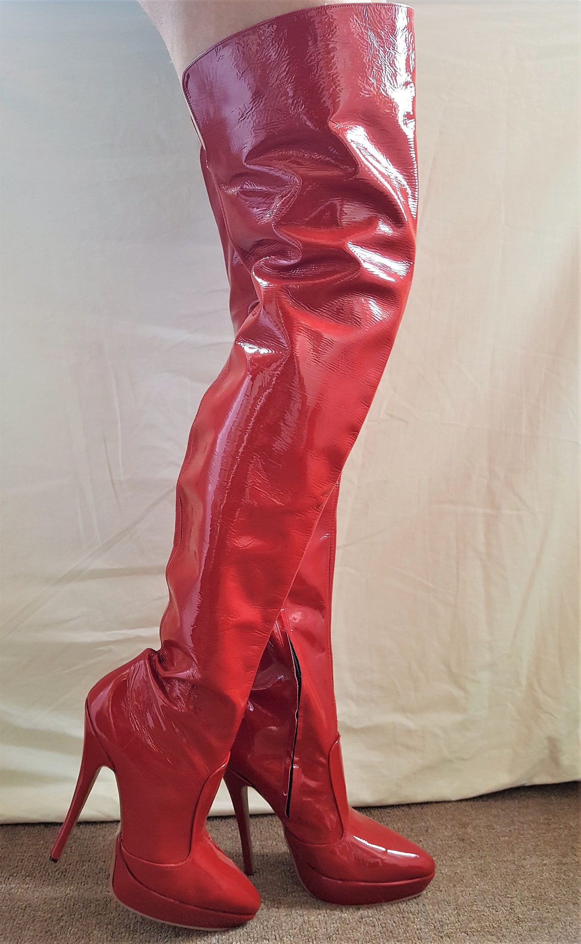 Platform Thigh Length Boots Red Patent Leather Size UK 10 EU | Etsy