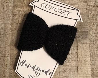 Black sparkle knitted coffee cozy, cozy, drink cozy, coffee sleeve, knit, coffee lover, drink sleeve, knitted drink cozy, gift idea, gifts