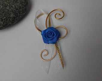 Boutonniere, brooch for wedding - Royal Blue and gold