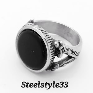 Black Onyx Round Gemstone Stainless Steel Signet Men&#39;s Ring
