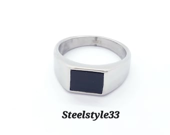 Silver Signet Ring, Chunky Stainless Steel, Small Black Gemstone, For Men Women