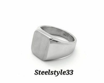 Silver Ring Stainless Steel Square  Signet  Matte&Shine Mens Womens