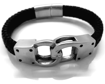 Stylish Men&#39;s Handcuff Bracelet - Stainless Steel & Leather Braid Design in Silver/Black