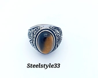 Tiger's Eye Ring, Signet Floral Vintage Stone Ring roestvrij staal 316L voor mannen