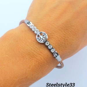 Beige Women&#39;s Leather Tree of Life Bracelet with Stainless Steel
