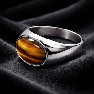 Silver Stainless Steel Tiger Eye Gemstone Ring for Men and Women