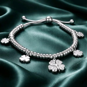 Women's Stainless Steel Shamrock Charm Sliding Bracelet Jewelry