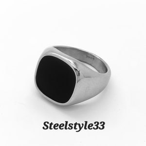 Chunky Silver Signet Ring with Black Gemstone for All Genders