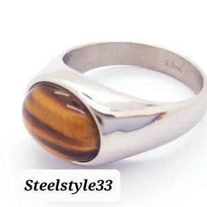Silver Stainless Steel Tiger Eye Gemstone Ring for Men and Women