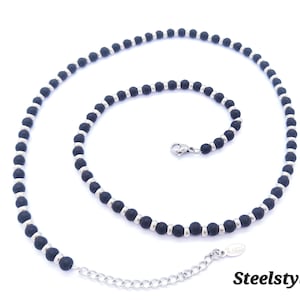 Men&#39;s women&#39;s beaded necklace black agate &stainless steel chain jewellery