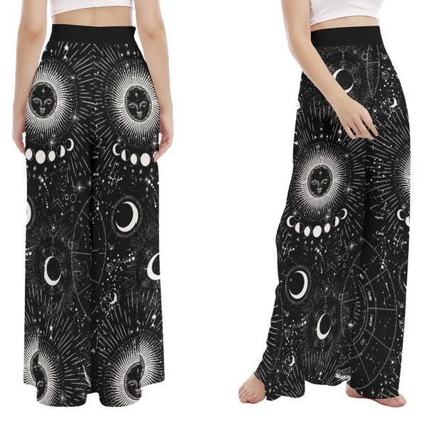 Pantalon de robe du zodiaque céleste | Pantalon de sorcière fluide à jambes larges | Astrologie NuGoth BOHO pantalon fendu latéral