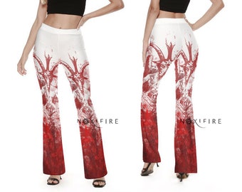 Bloodbath Satanic Baphomet Flare Pants | Fitted skinny white and red Goat of Mendes pants | Express Shipping