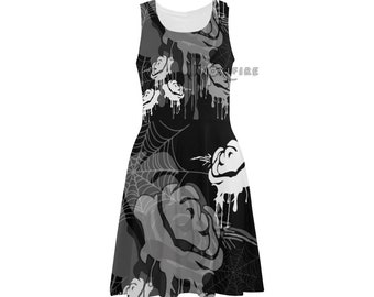 Bleeding Rose NuGoth skater dress | Dark Rose with Cobweb printed fit and flare dress