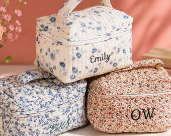 Quilted Makeup Bag, Personalized Train Case, Boho Toiletry Pouch, Embroidered Bridesmaid Gift, Block Print Cotton Cosmetic Case